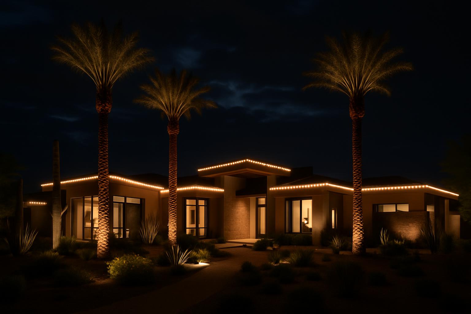 Holiday lighting on a Paradise Valley, Arizona estate with Camelback Mountain in the background