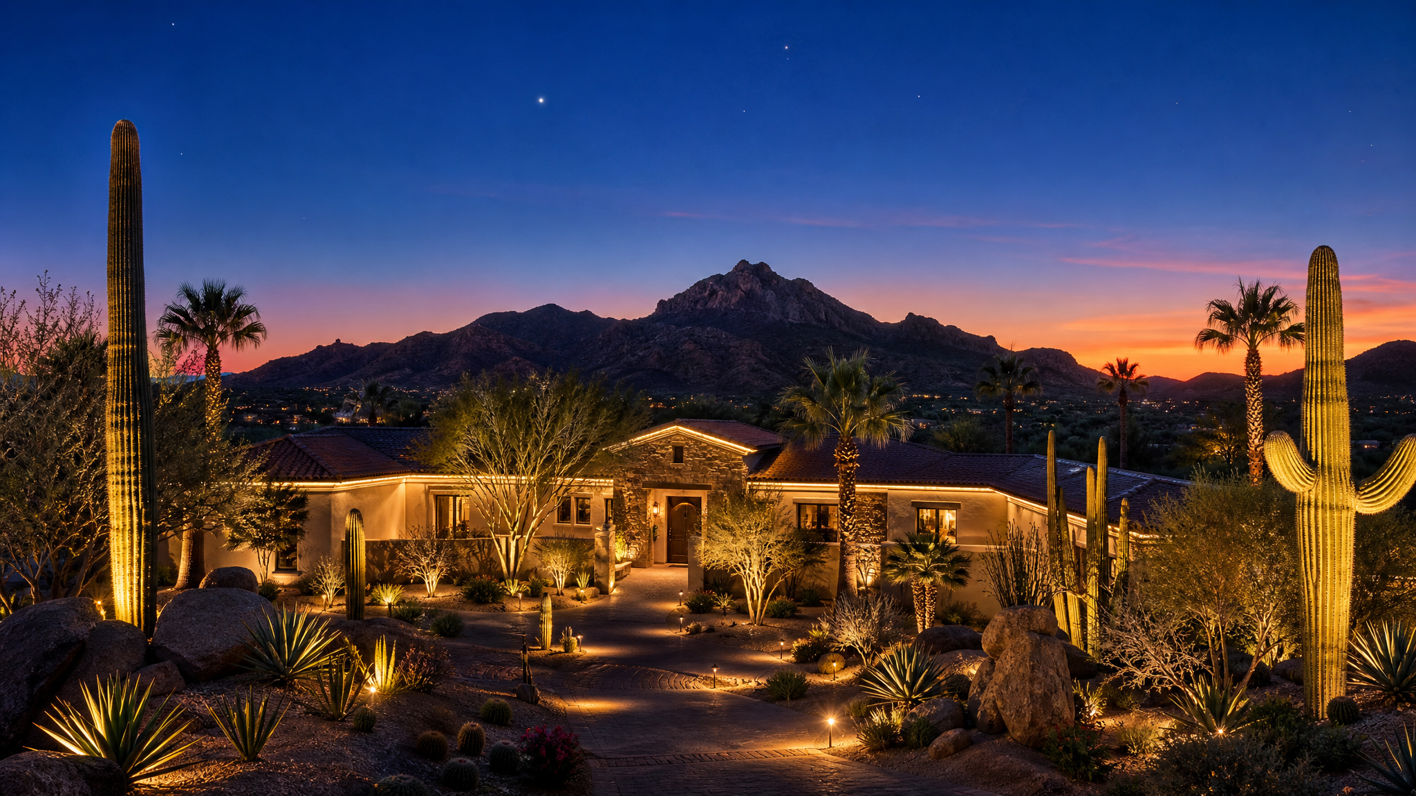 Sonoran desert home at twilight with warm architectural and landscape lighting, uplit saguaros and palms, and a Camelback-style mountain backdrop