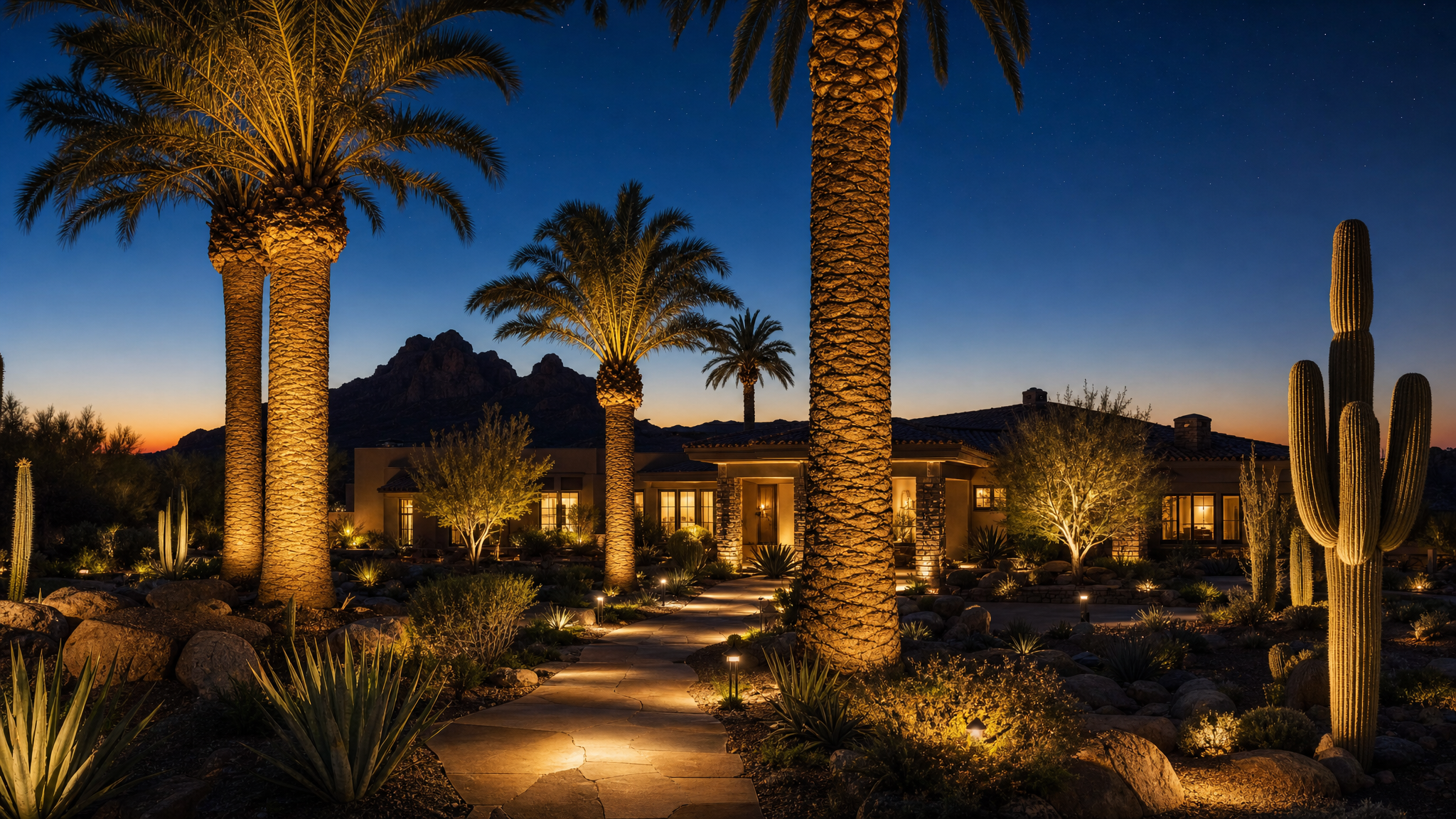 Scottsdale desert property at twilight with palm trees uplit in warm light, low landscape path lighting, and modern desert architecture glowing against a Camelback-style mountain backdrop