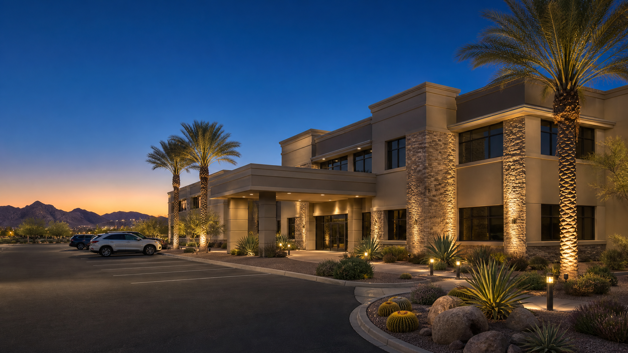 Phoenix professional commercial office building at dusk with warm-white architectural facade lighting, uplit stone columns and palms