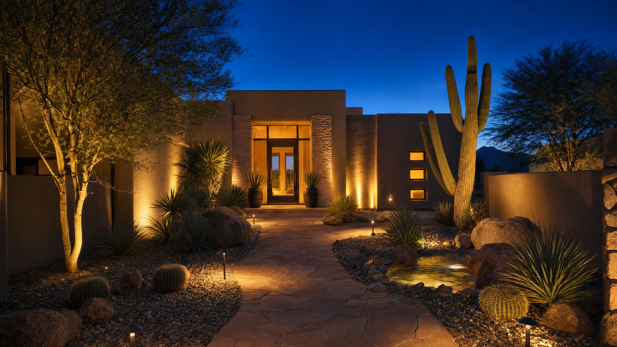Warmly lit modern Scottsdale desert home entrance at dusk with a glowing doorway, uplit stucco facade, and landscape path lighting along a flagstone walkway