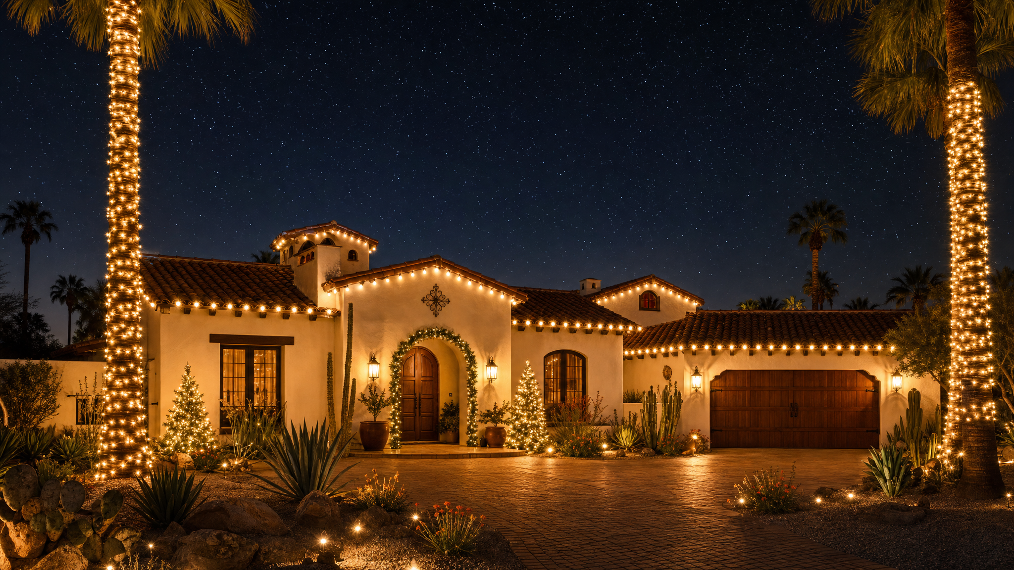 Restrained warm-white holiday lighting on a Scottsdale stucco home at dusk