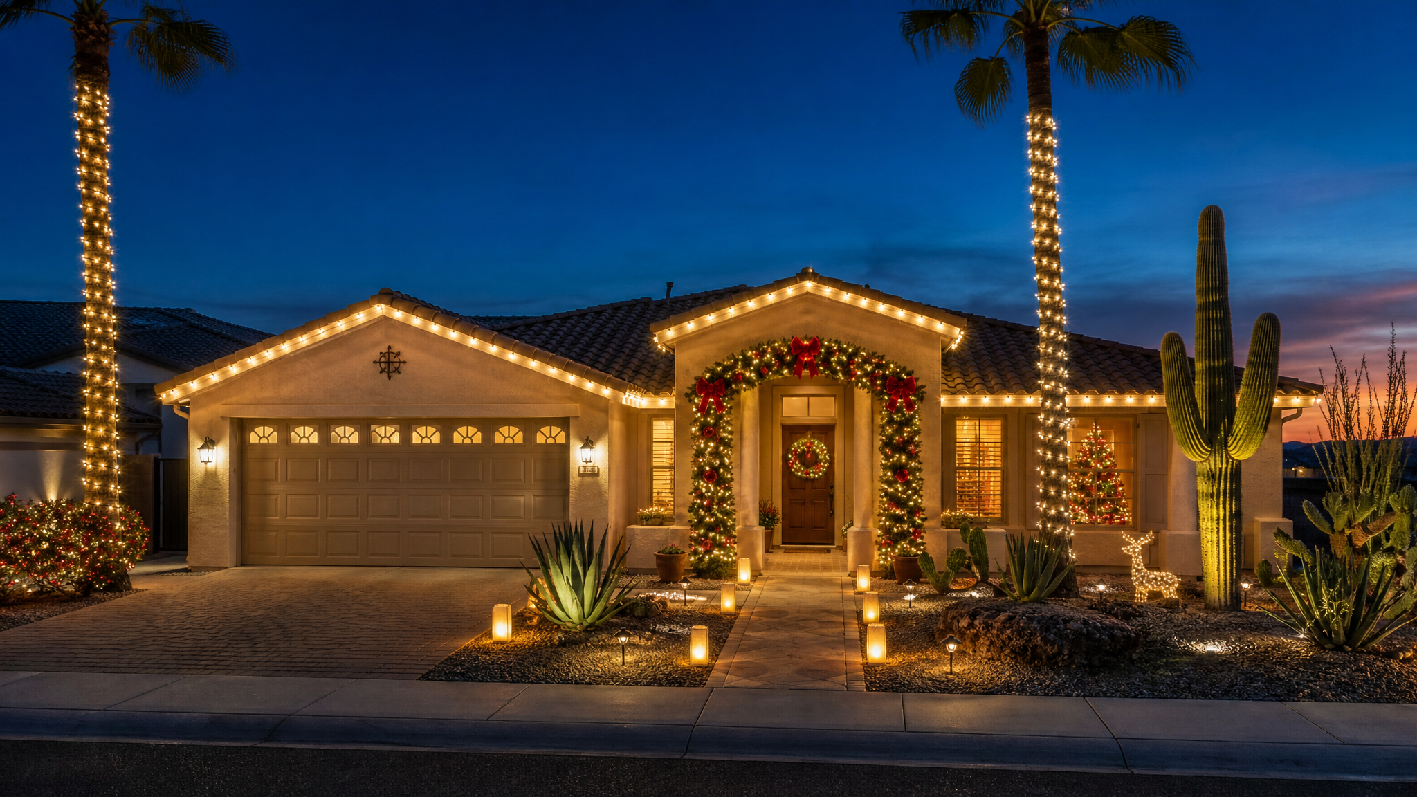 Phoenix desert home decorated with warm-white holiday roofline lights, garland, wreath, and lit palm trees at dusk
