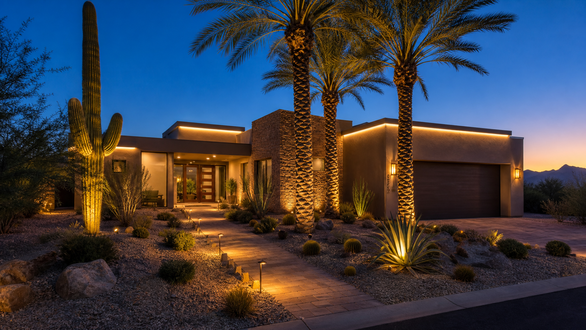 Contemporary Phoenix desert home with warm-white permanent roofline lighting, uplit stone facade and palms, and landscape path lights at twilight
