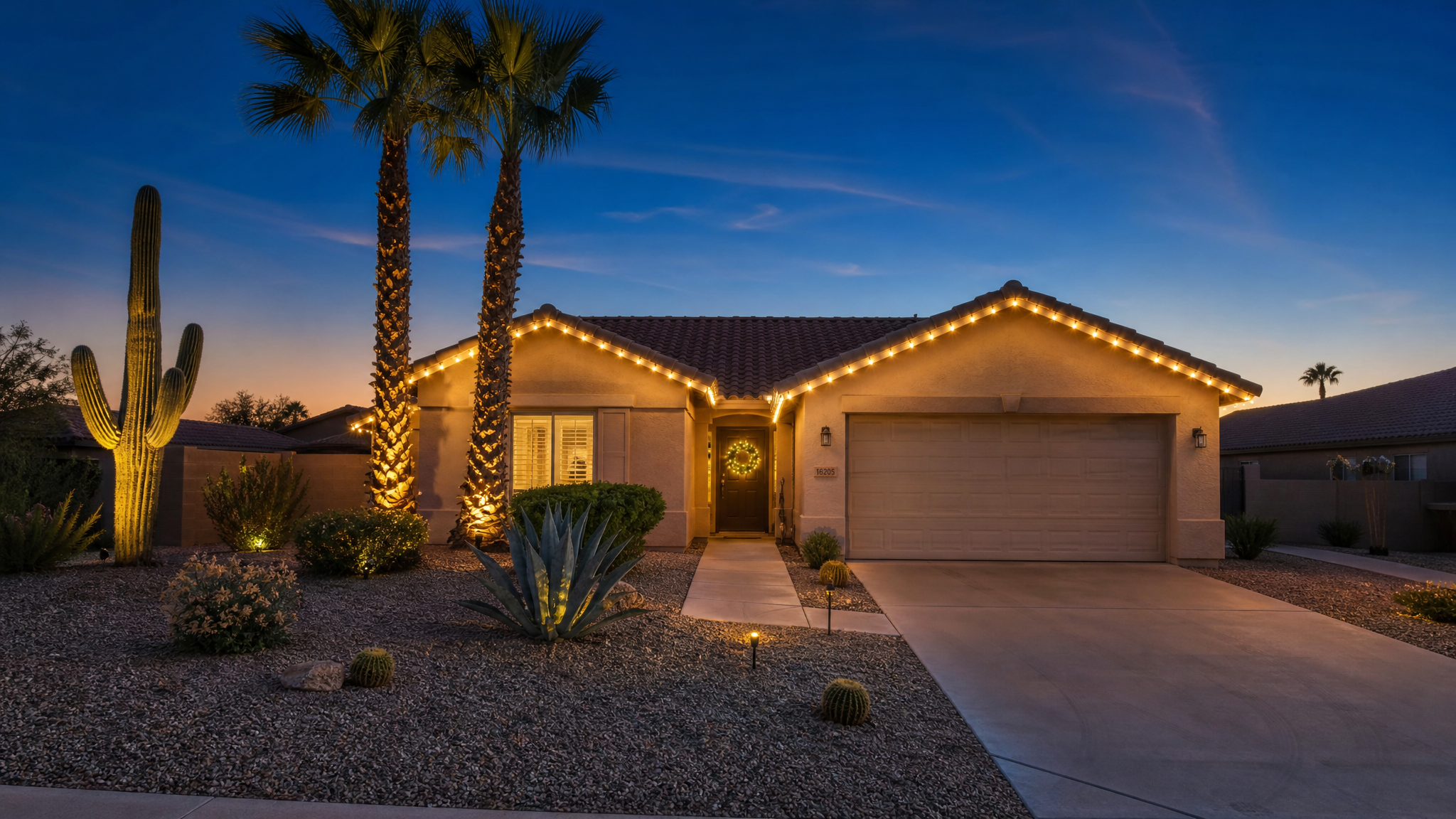 Paradise Valley desert estate with architectural uplighting on stucco walls and palms