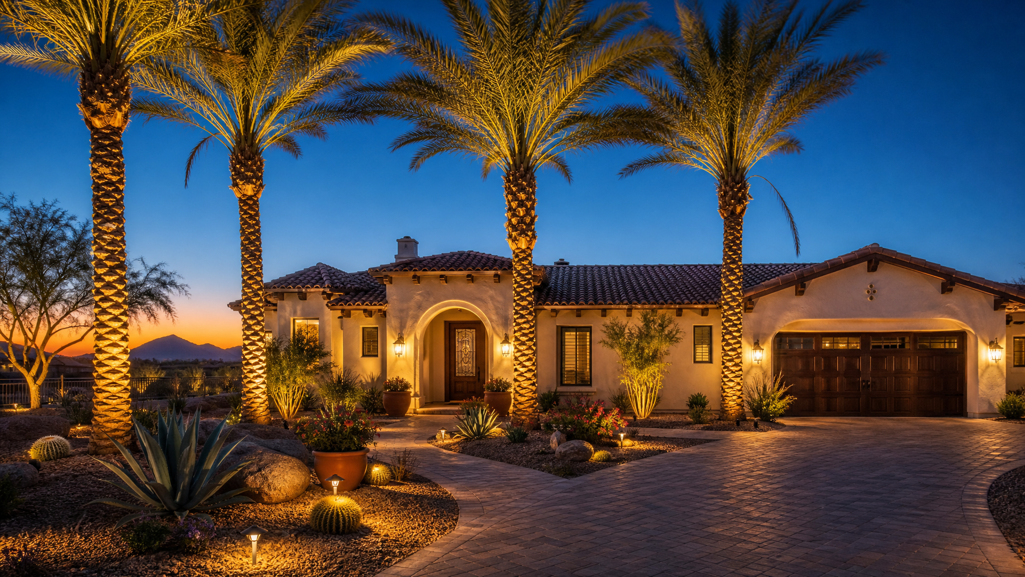 Spanish-Mediterranean Phoenix home at twilight with warm architectural lighting and dramatic amber uplighting on tall palm trees